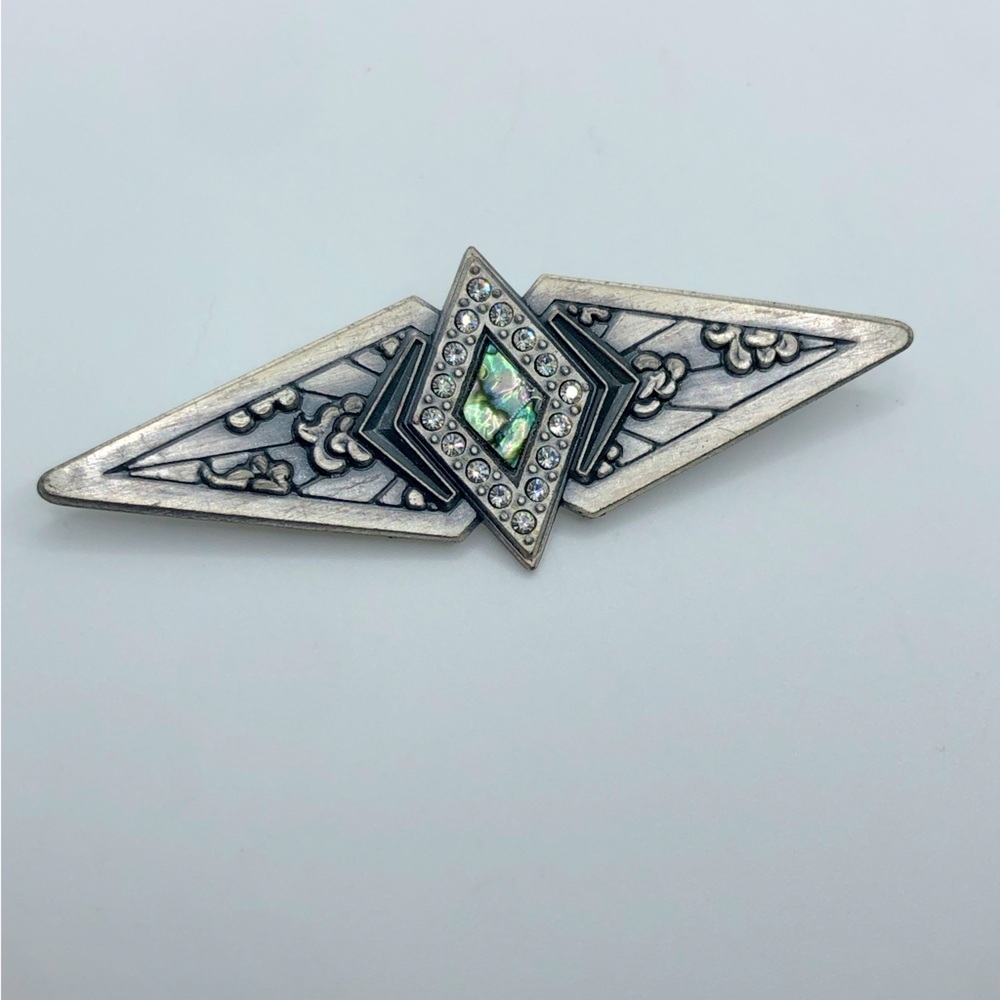 Vtg Duri Abalone Diamond Shaped Art Deco Style Silver Tone Brooch 3”